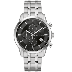 Bulova-Uhr mit schwarzem Zifferblatt und silbernem Armband, elegant.
