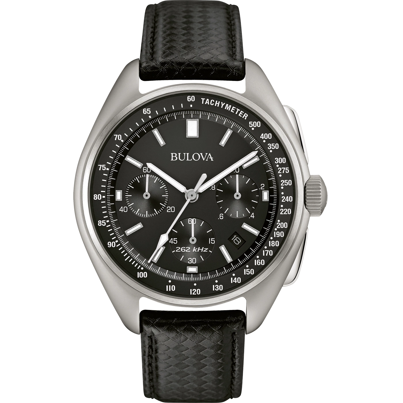 Bulova-Uhr mit schwarzem Zifferblatt und Lederarmband, Tachymeter-Funktion.