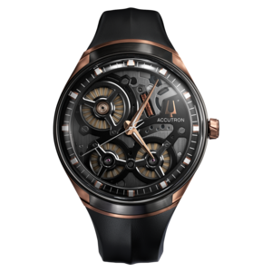 Accutron Uhr, schwarz, goldfarben, skelettiert, elegantes Design, Luxus