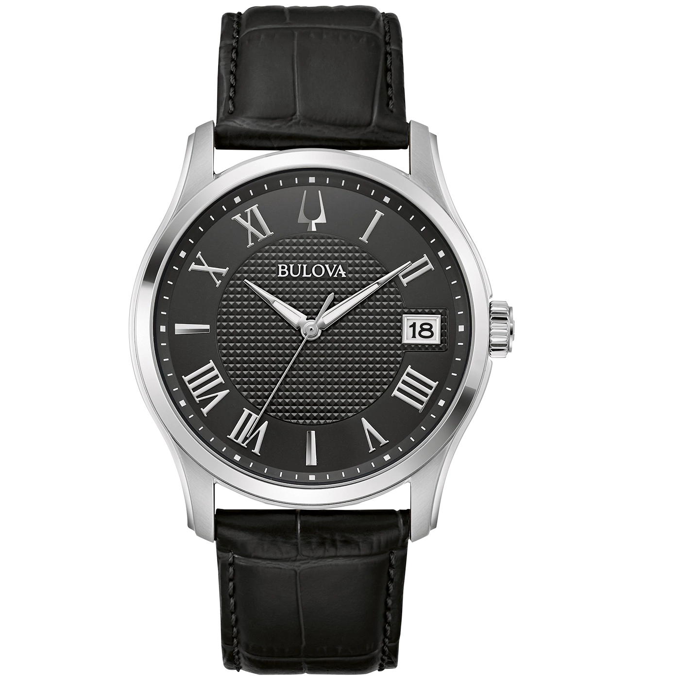 Bulova Herrenuhr mit schwarzem Zifferblatt und Lederarmband, elegant.