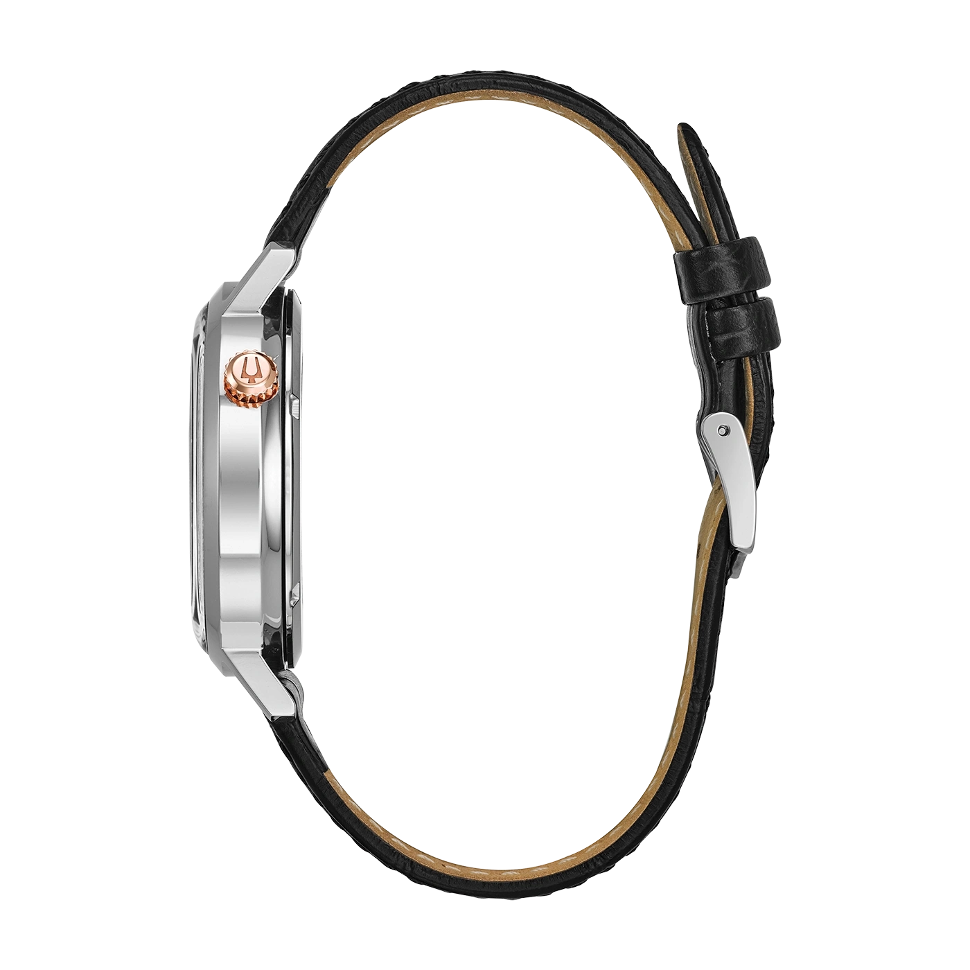 Uhr mit schwarzem Lederarmband und silbernem Gehäuse, Detailaufnahme