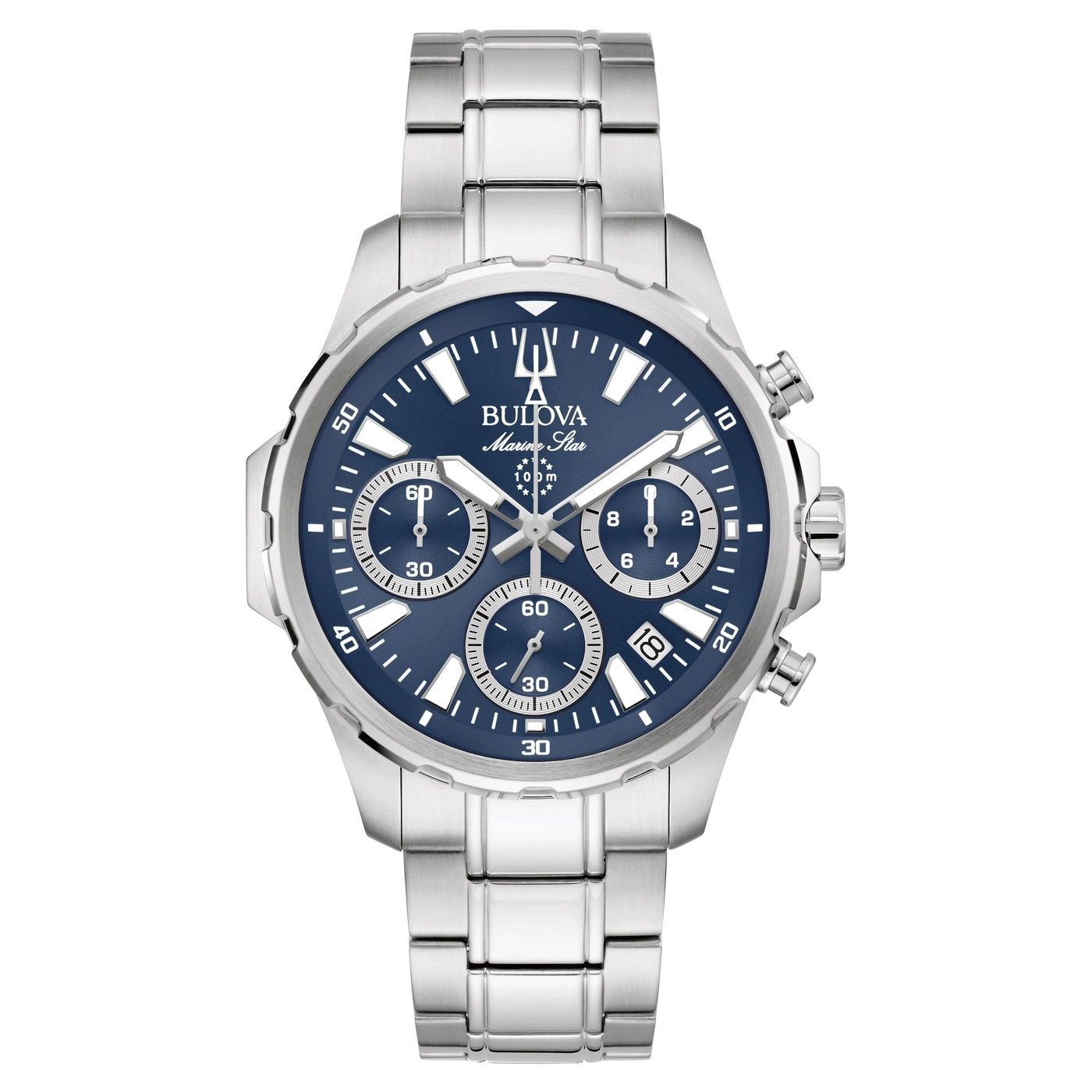 Bulova Marine Star Uhr, blaues Zifferblatt, Edelstahlarmband, Chronograph, 100m wasserdicht.