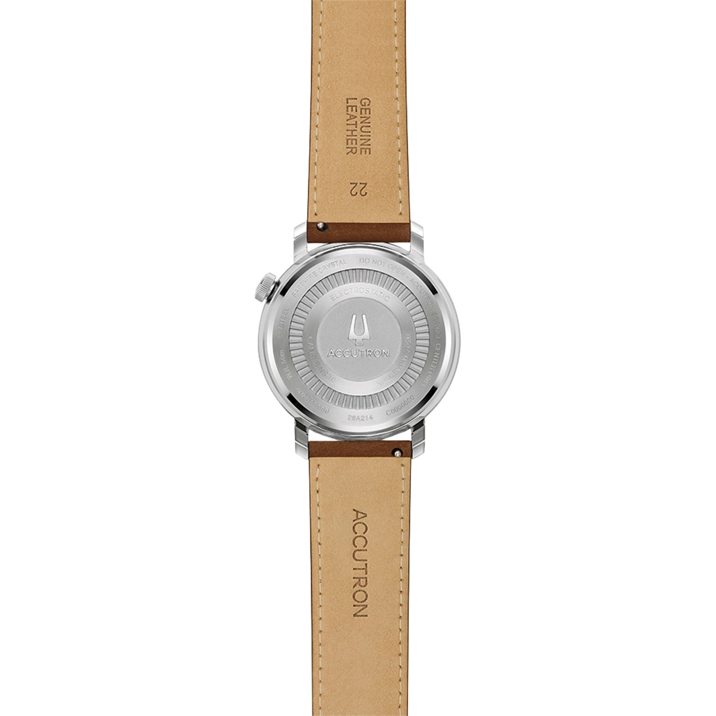 Die Rückseite einer Accutron-Uhr mit braunem Lederarmband.