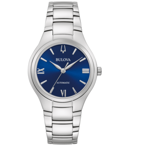 Bulova-Uhr mit blauem Zifferblatt und silbernem Armband. Automatik.