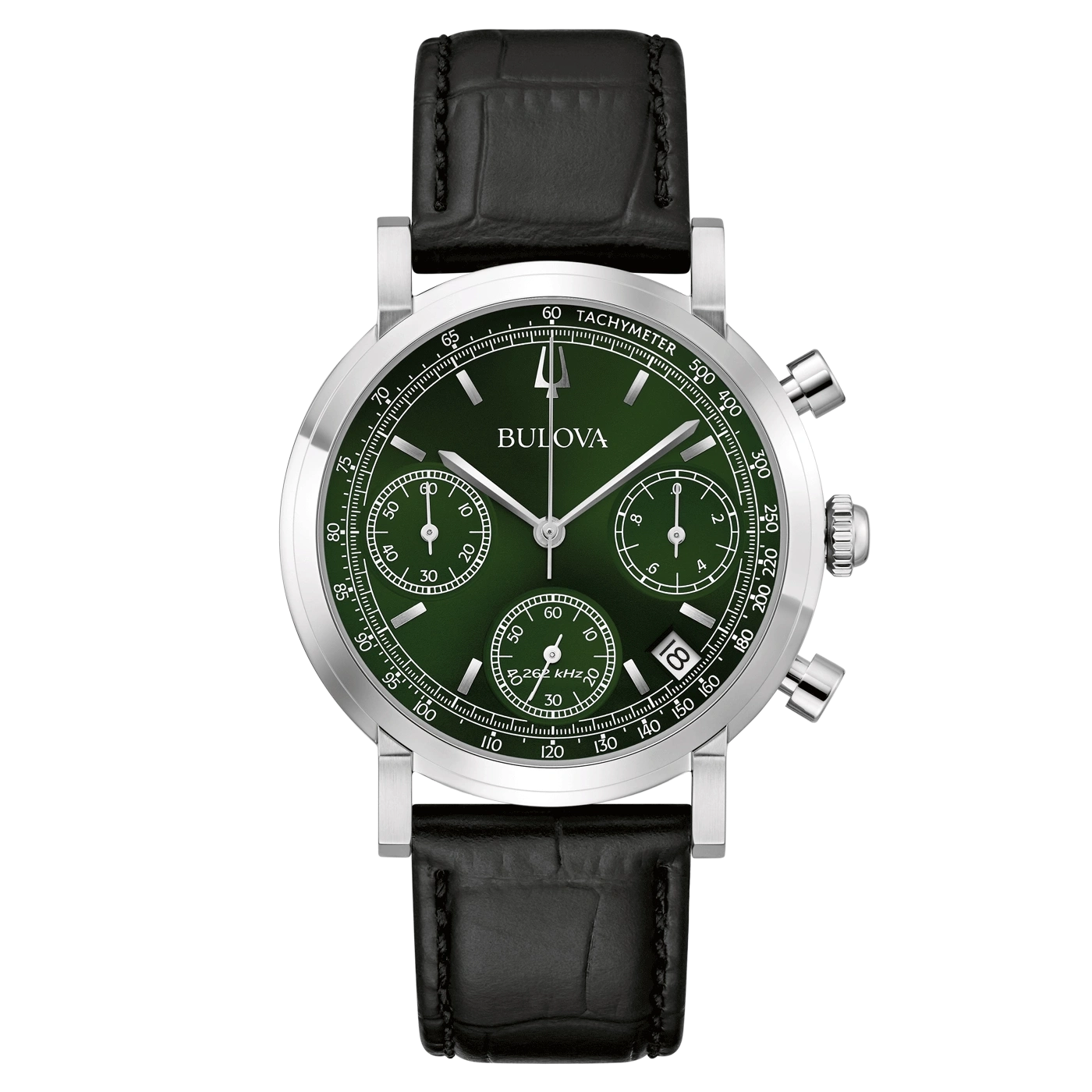 Bulova-Uhr mit grünem Zifferblatt und schwarzem Lederarmband
