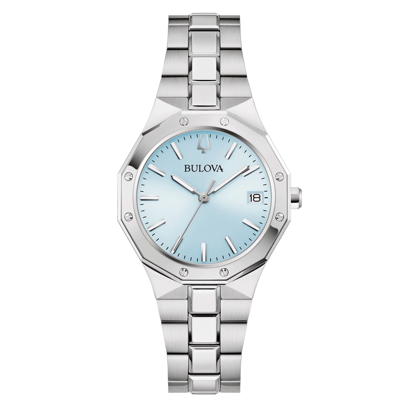 Bulova-Uhr mit hellblauem Zifferblatt und silbernem Armband, elegant.