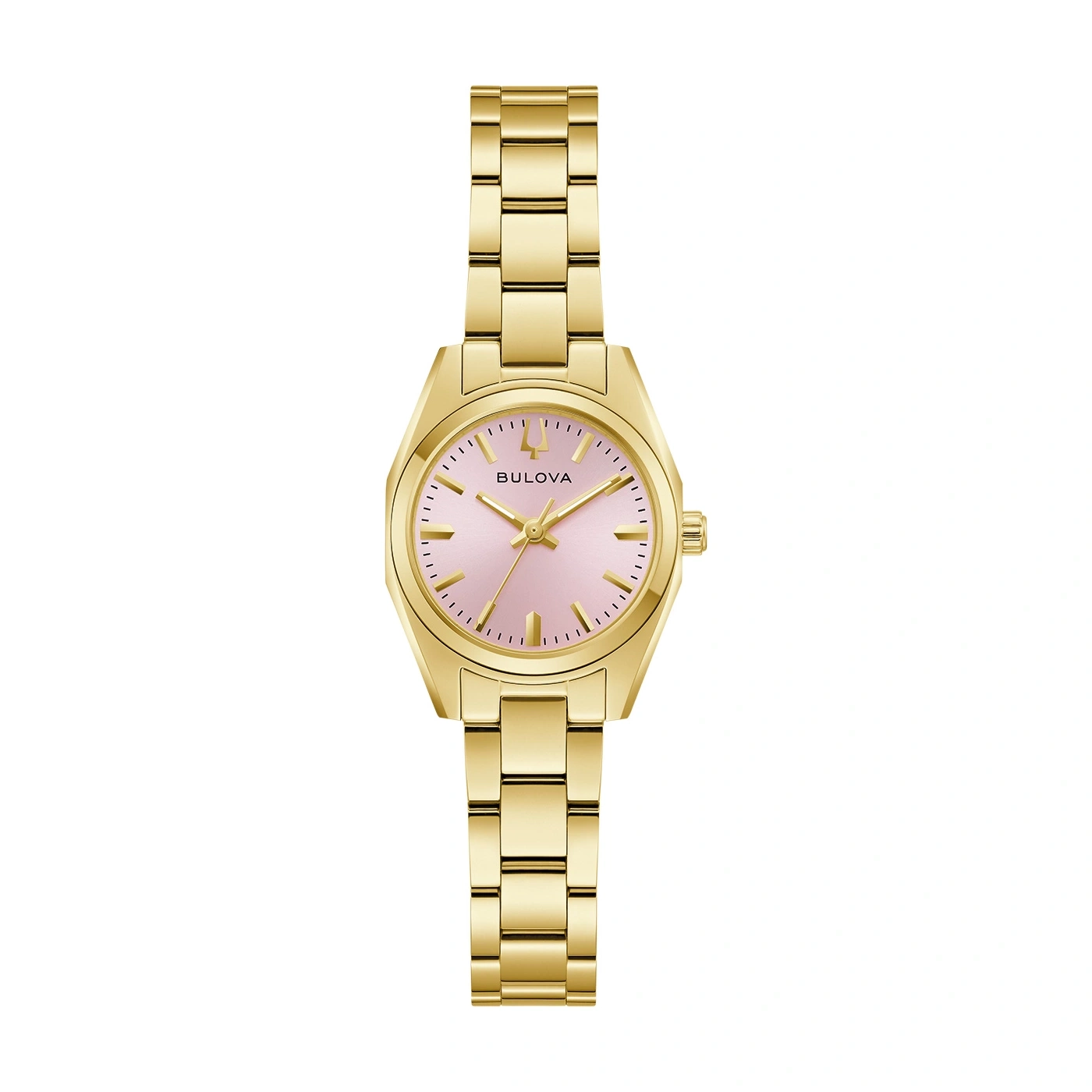 Goldene Bulova-Uhr mit rosa Zifferblatt und goldenem Armband