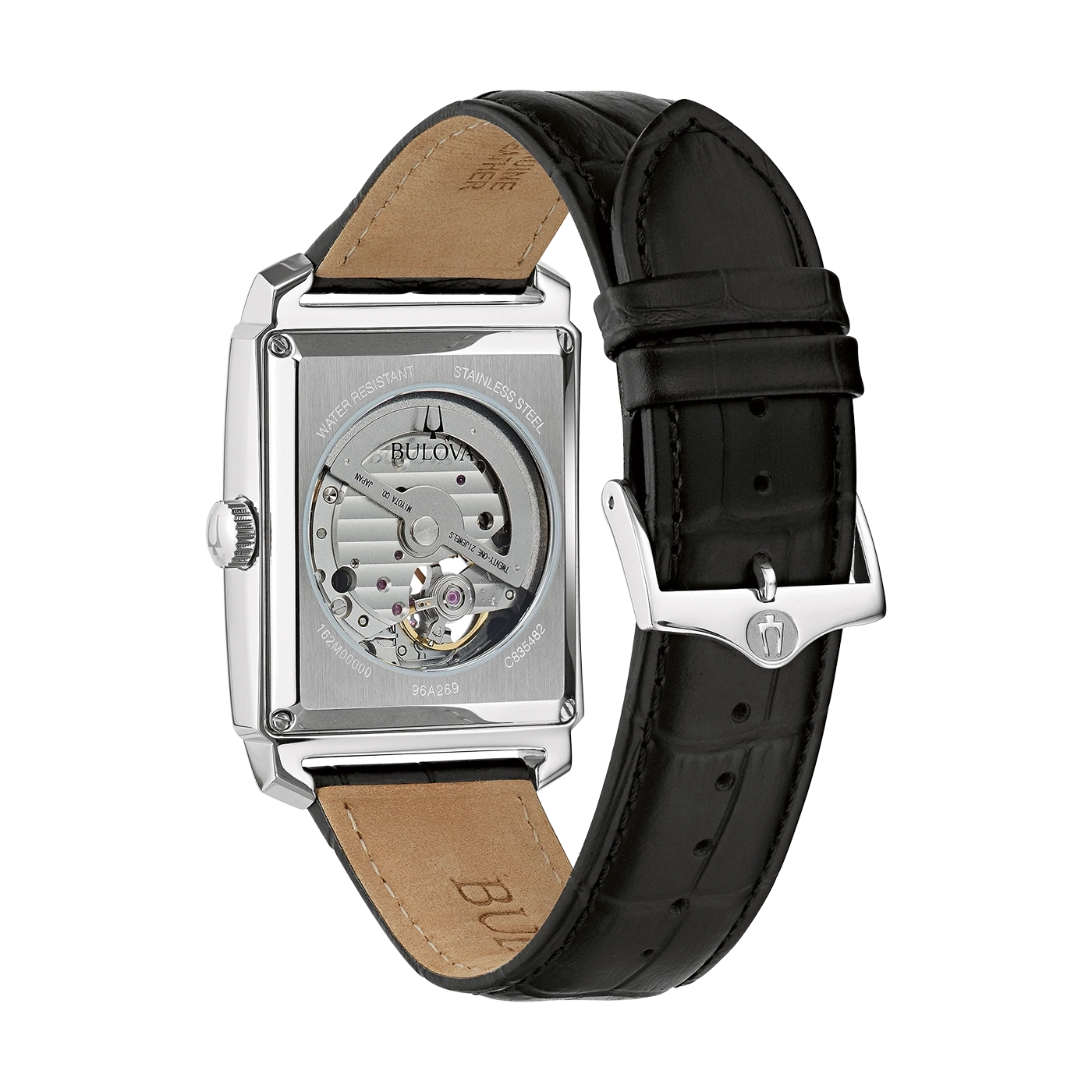 Bulova-Uhr, Edelstahl, Lederarmband, wasserdicht, mechanisch, transparent, 96A269, C835482