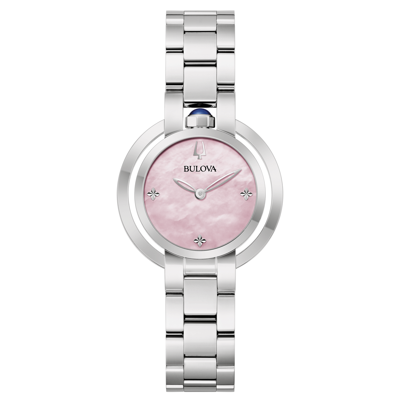 Bulova Damenuhr, rosa Zifferblatt, silbernes Armband, elegantes Design, Schmuckuhr
