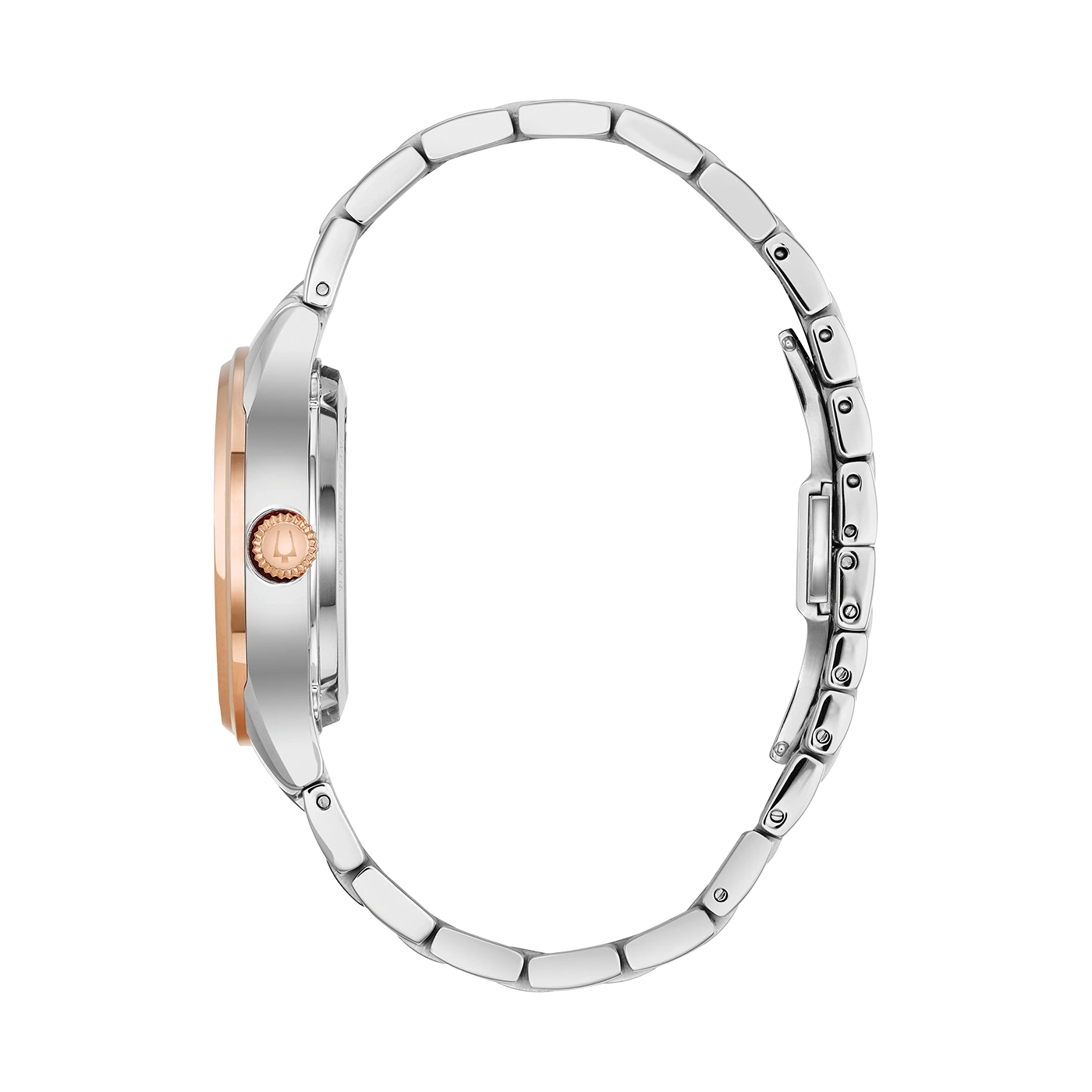 Uhr, silbernes Armband, roségoldfarbenes Zifferblatt, Seitenansicht, elegantes Design, Accessoire
