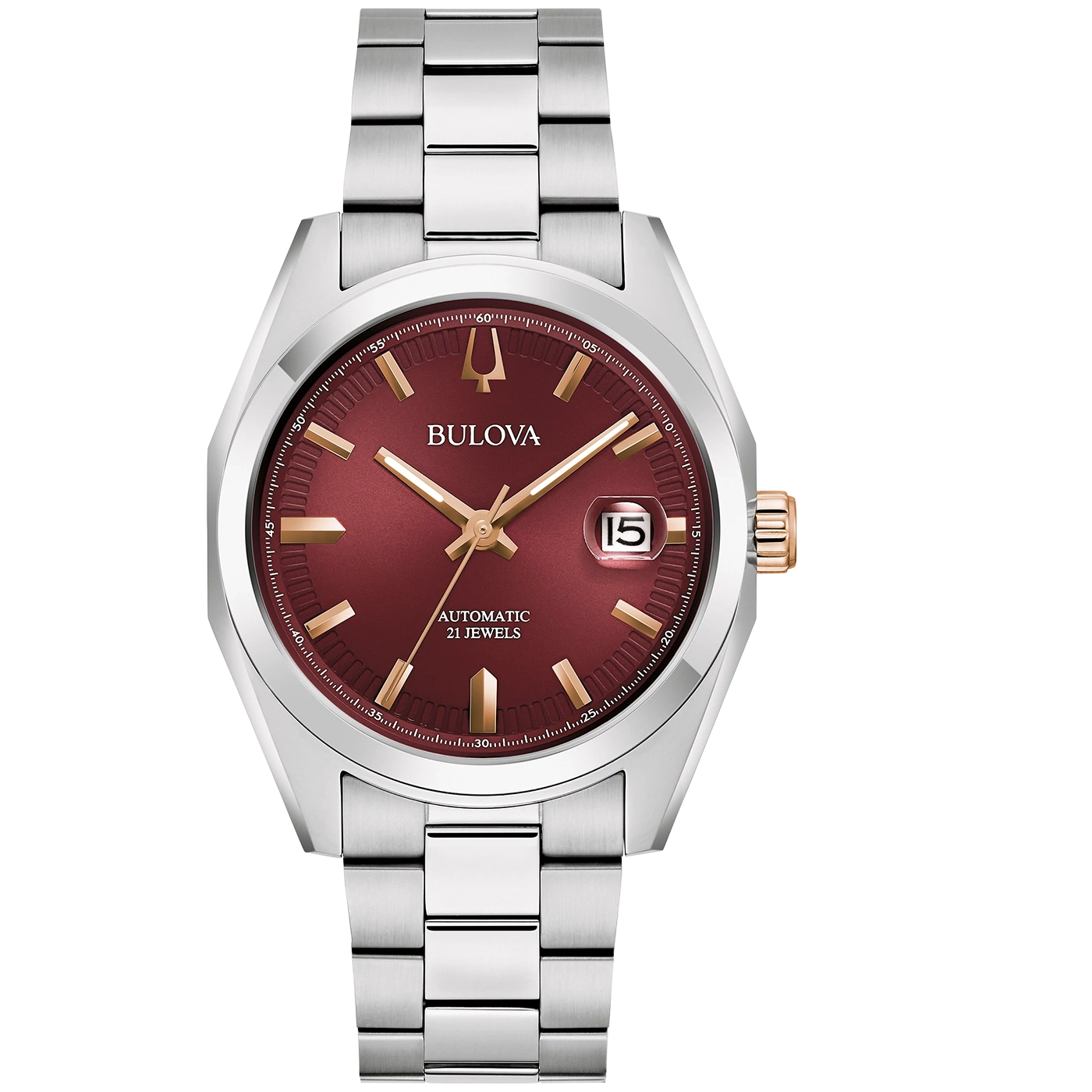 Bulova-Uhr mit rotem Zifferblatt, Automatik, 21 Juwelen, Datumsanzeige, Edelstahlarmband.
