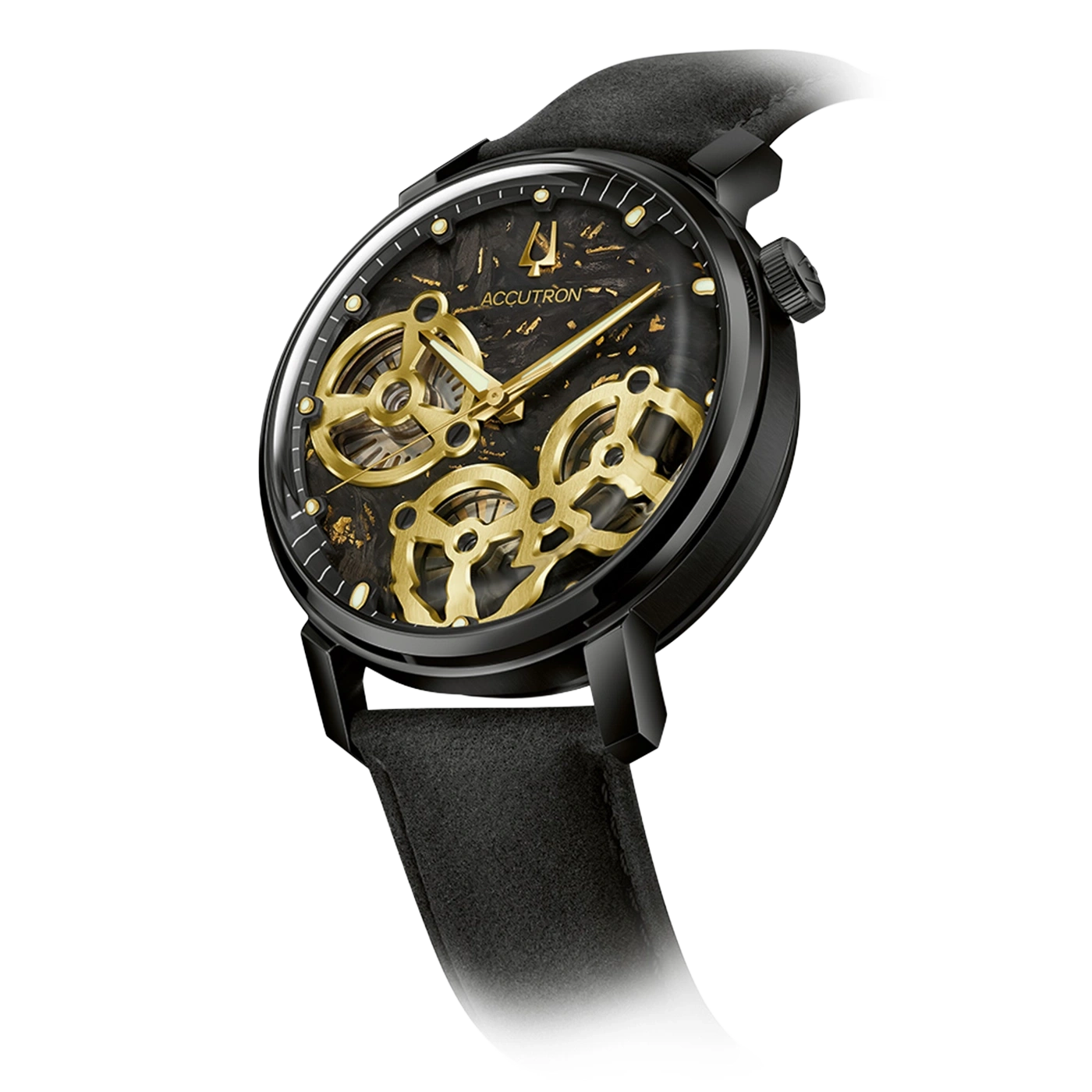 Schwarze Armbanduhr mit goldenen Zahnrädern und schwarzem Zifferblatt.