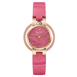 Bulova Damenuhr, rosa Zifferblatt, rosa Armband, goldfarbenes Gehäuse, Schmuck