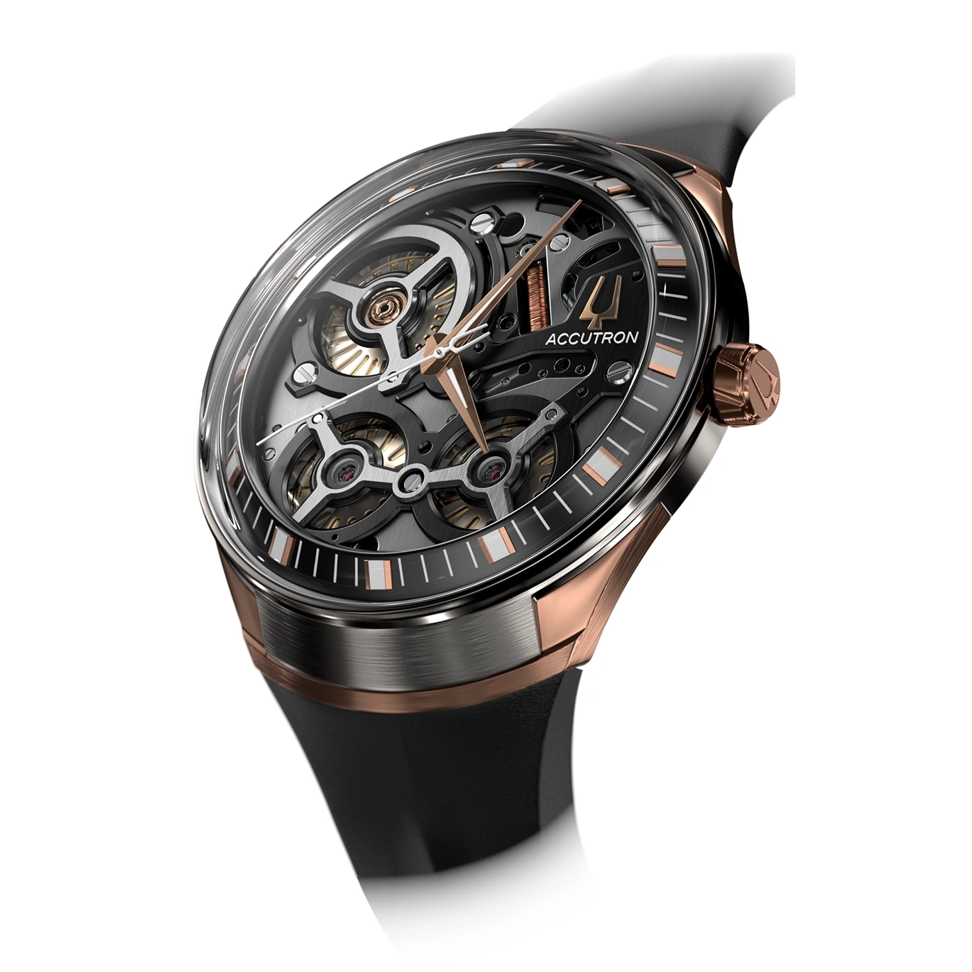 Uhr mit skelettiertem Zifferblatt und roségoldfarbenen Akzenten auf schwarzem Armband