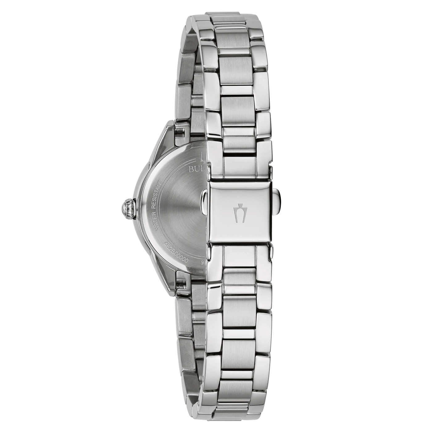 Rückseite einer silbernen Uhr mit Armband und Logo