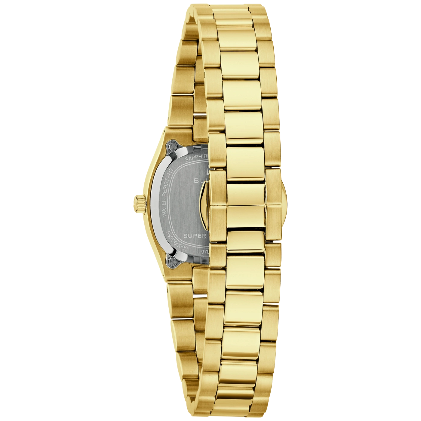 Goldene Armbanduhr mit Sicht auf das Gehäuse und das Armband.