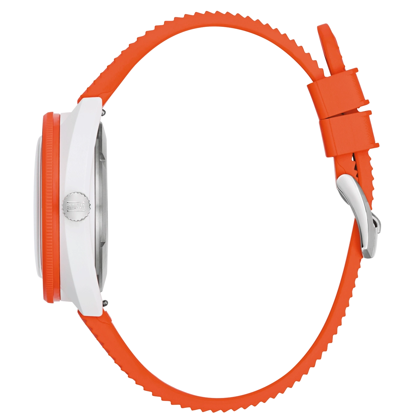 Bulova-Uhr mit weißem Zifferblatt und orangefarbenem Armband, Seitenansicht.