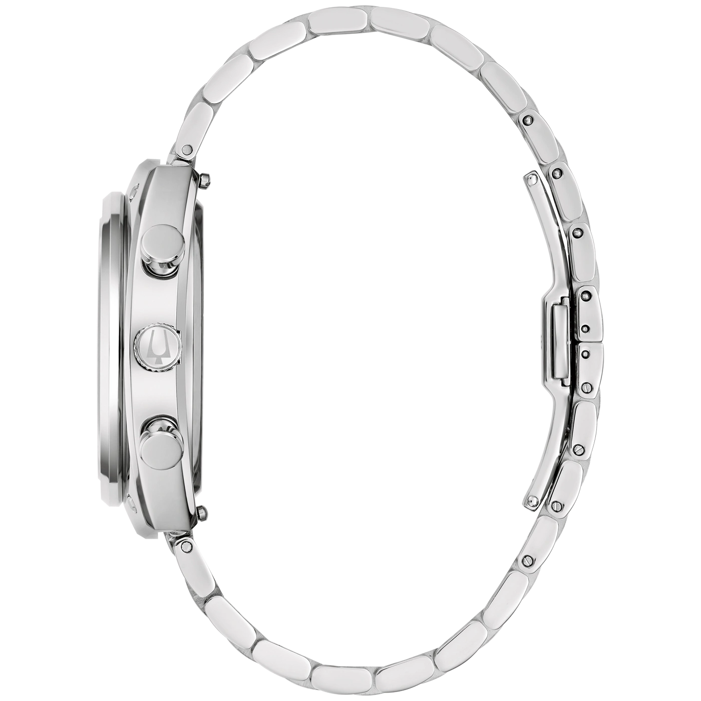 Silbernes Armband einer Uhr im Profilansicht auf weißem Hintergrund.