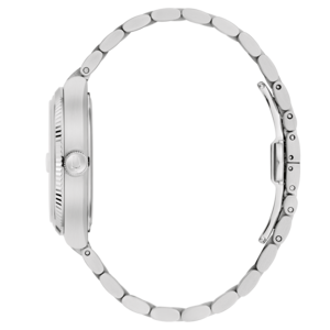 Uhr, silbernes Armband, Detailaufnahme, Seitenansicht, elegantes Design, Accessoire, Mode