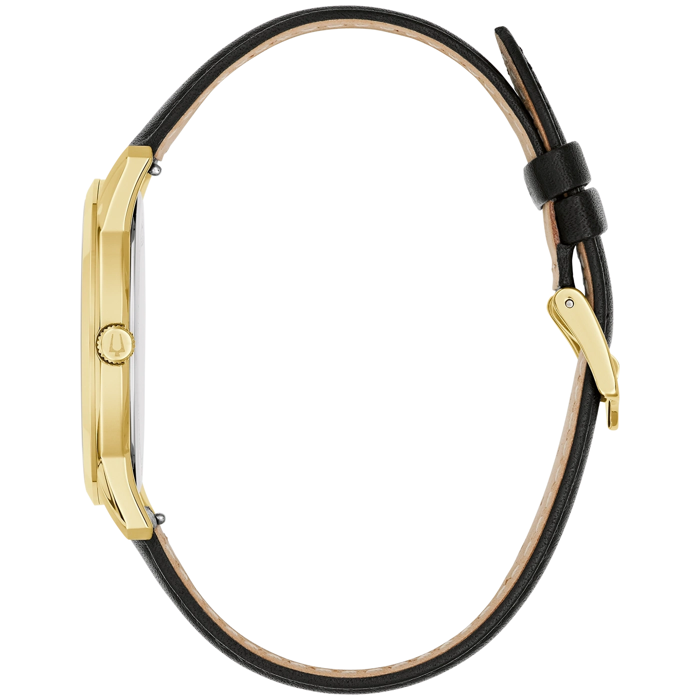 Goldene Uhr mit schwarzem Lederarmband, Seitenansicht