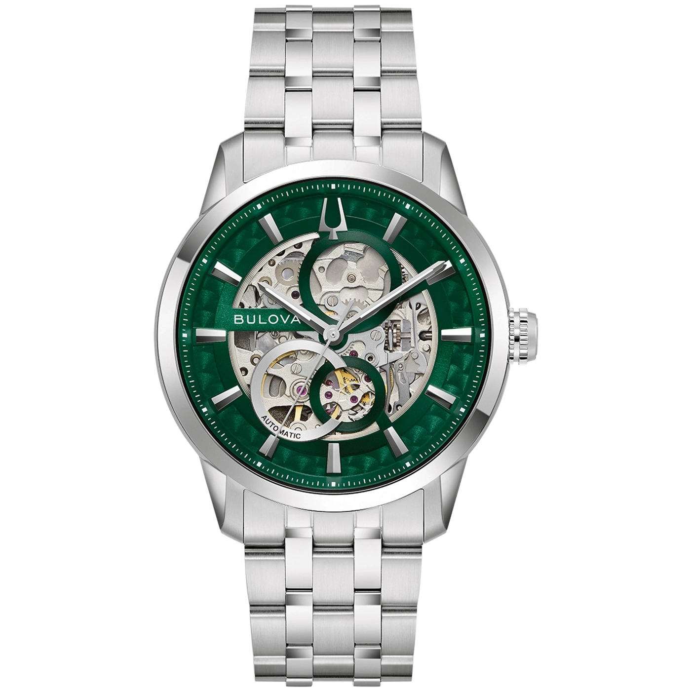 Bulova-Uhr mit grünem Zifferblatt und silbernem Armband, Automatik