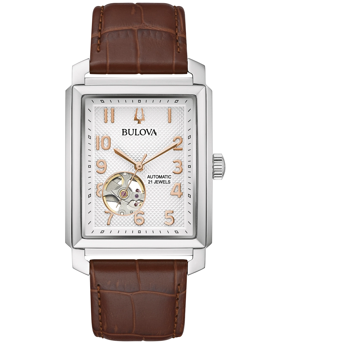 Bulova-Uhr, rechteckiges Zifferblatt, braunes Lederarmband, Automatik, 21 Juwelen, Herrenuhr.