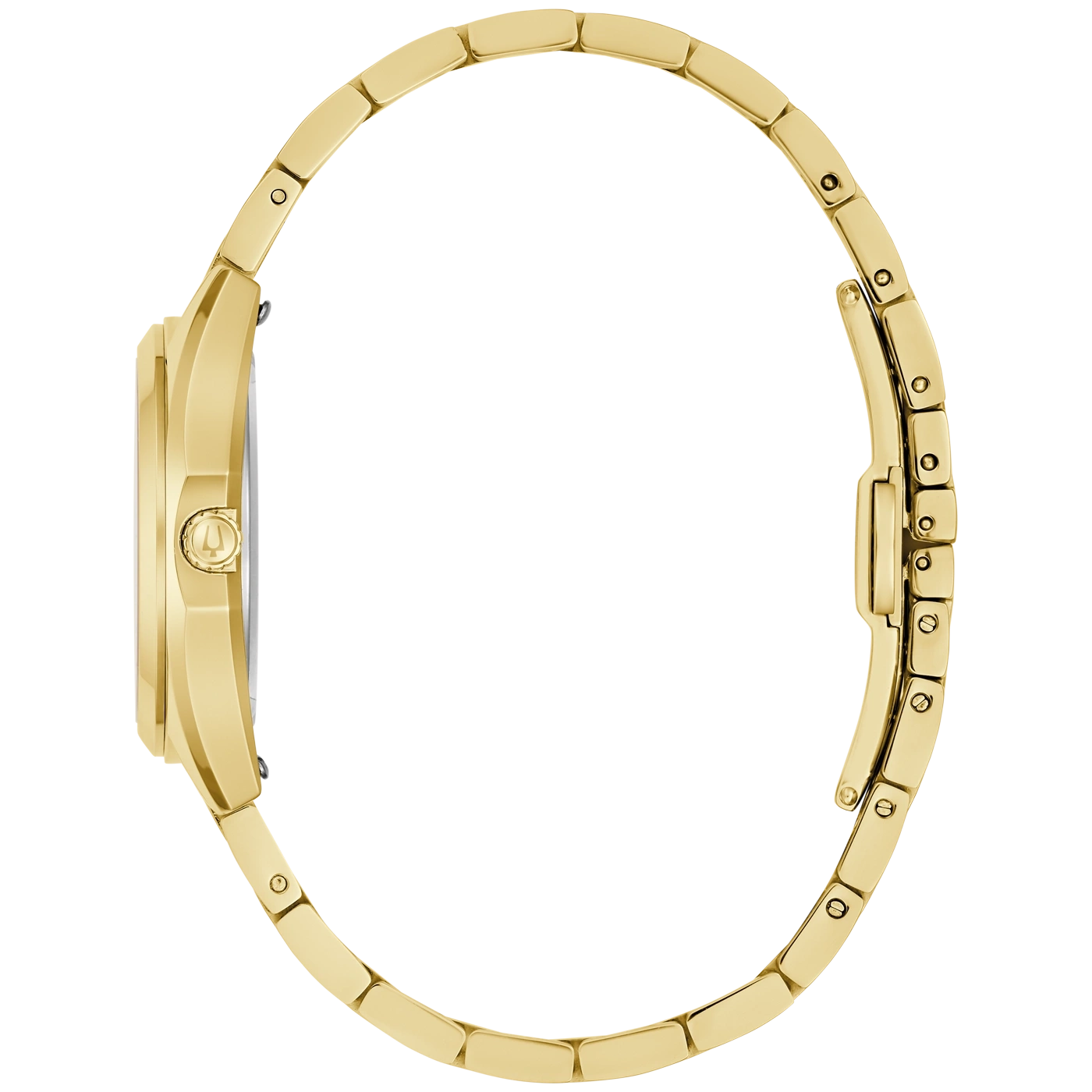Goldene Armbanduhr im Profil auf weißem Hintergrund