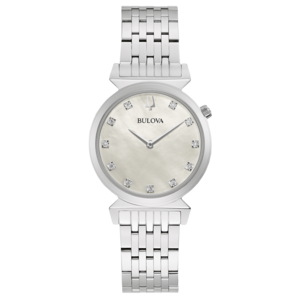 Silberne Bulova-Uhr mit Diamanten auf weißem Zifferblatt und Armband.