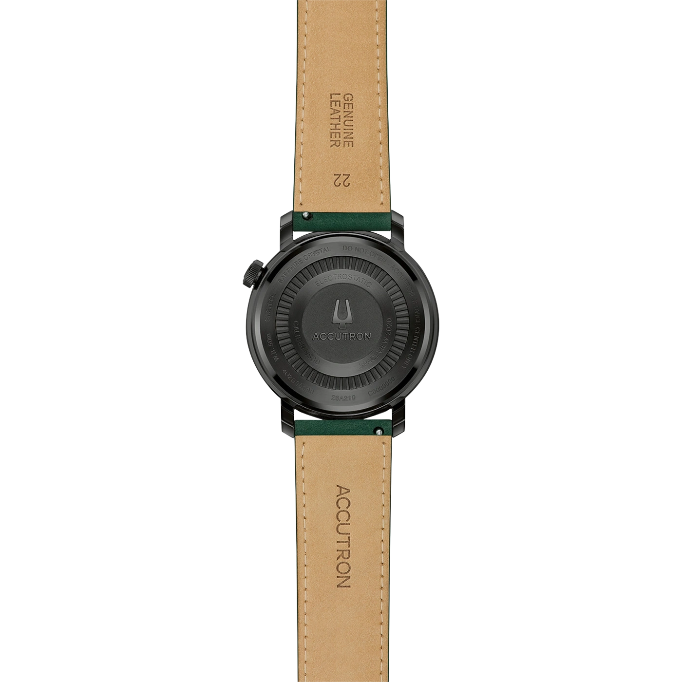 Rückseite einer Accutron-Uhr mit Lederarmband und Gravuren.
