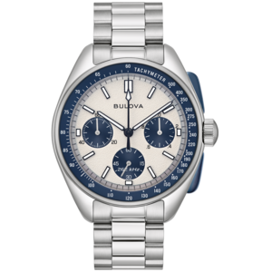 Bulova-Uhr mit blauem Zifferblatt und Tachymeter-Funktion, Edelstahlarmband.