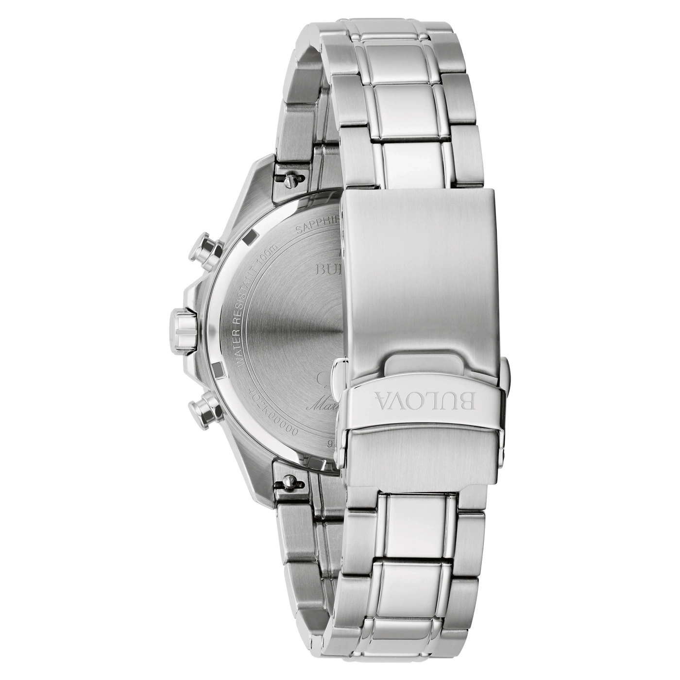 Rückseite einer silbernen Bulova-Uhr mit Armband und Logo-Gravur.