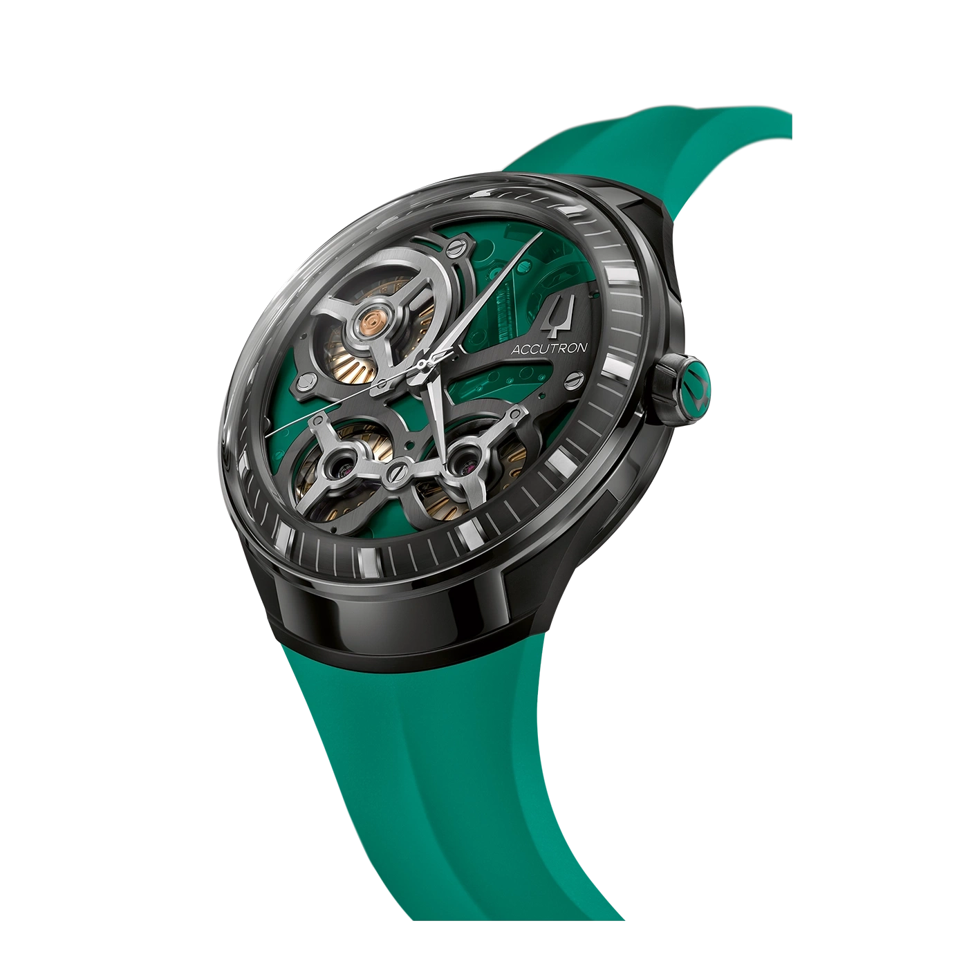 Schwarze Uhr mit grünem Zifferblatt und Armband, Detailaufnahme, Accutron.