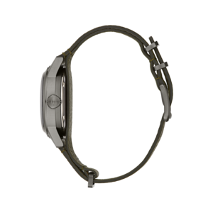 Uhr mit grünem Lederarmband, Seitenansicht, Detailaufnahme, elegantes Design
