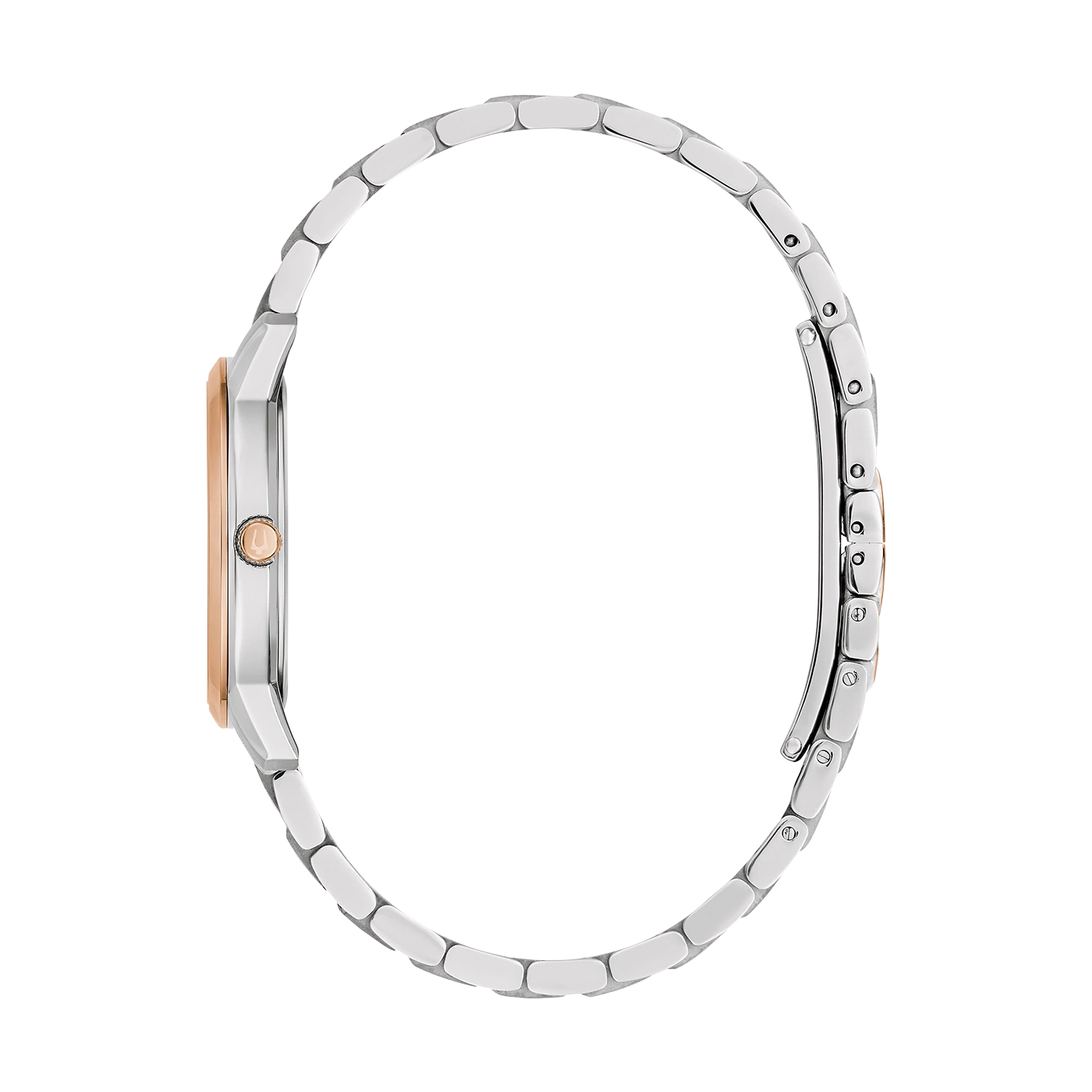 Uhr, silbernes Armband, roségoldenes Zifferblatt, Seitenansicht, elegantes Design, Accessoire
