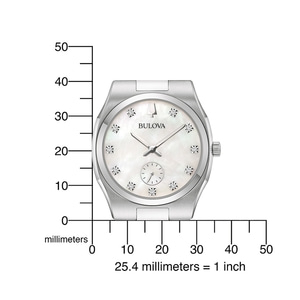 Bulova-Uhr mit Perlmutt-Zifferblatt und Diamanten, Millimeter-Skala.