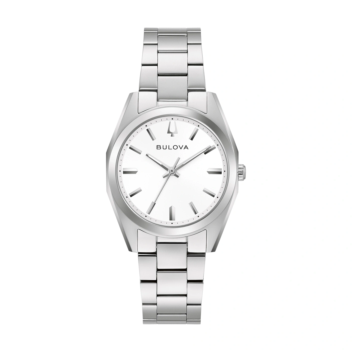 Silberne Bulova-Uhr mit weißem Zifferblatt und Armband