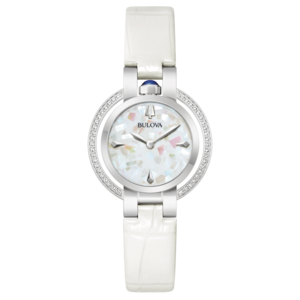 Bulova Damenuhr mit weißem Armband und Diamanten, elegant