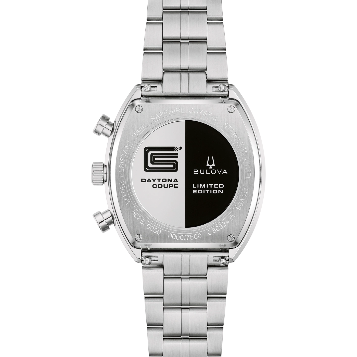 Rückseite einer Bulova Daytona Coupe Herrenuhr mit Metallarmband.
