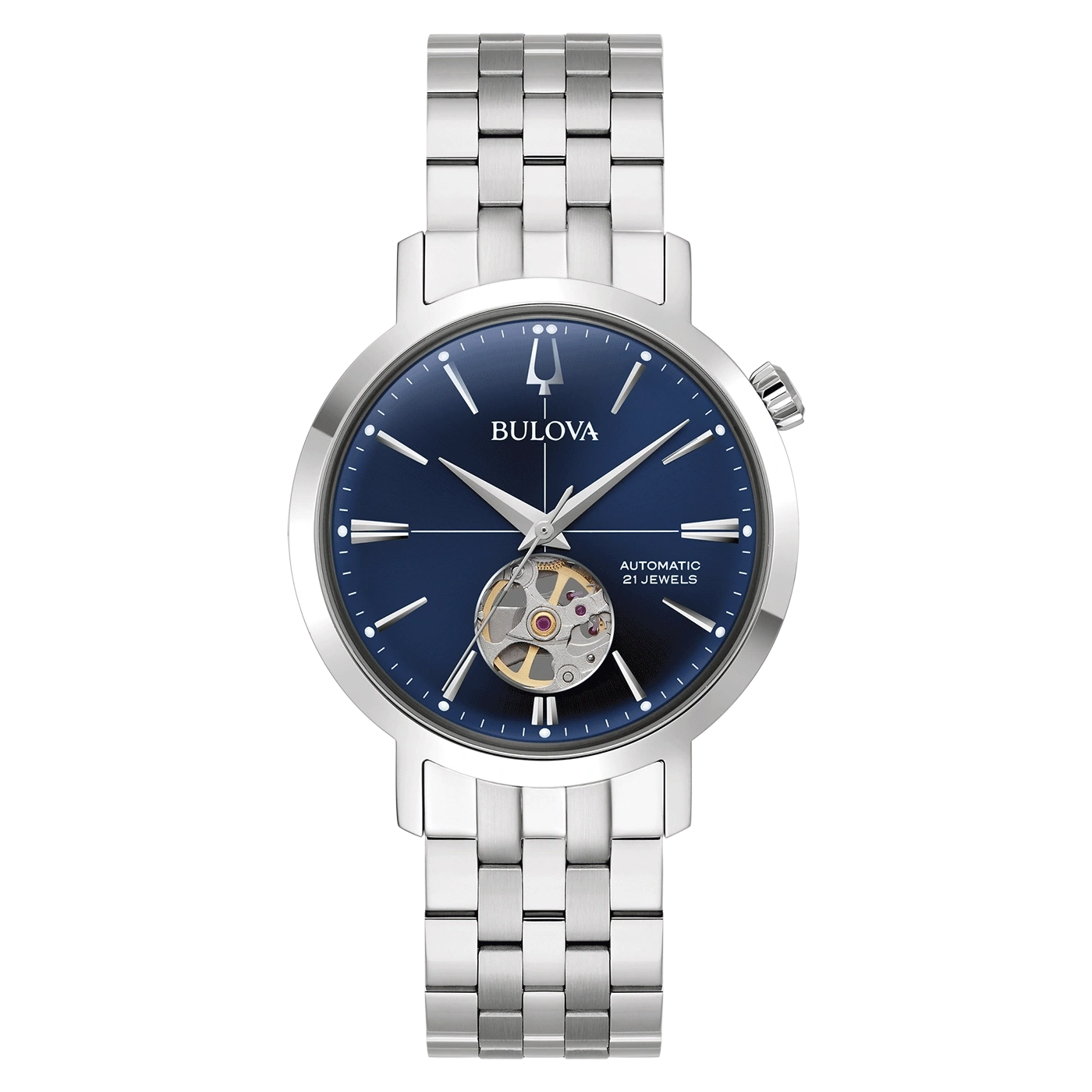 Bulova-Uhr mit blauem Zifferblatt und silbernem Armband, Automatik, 21 Steine