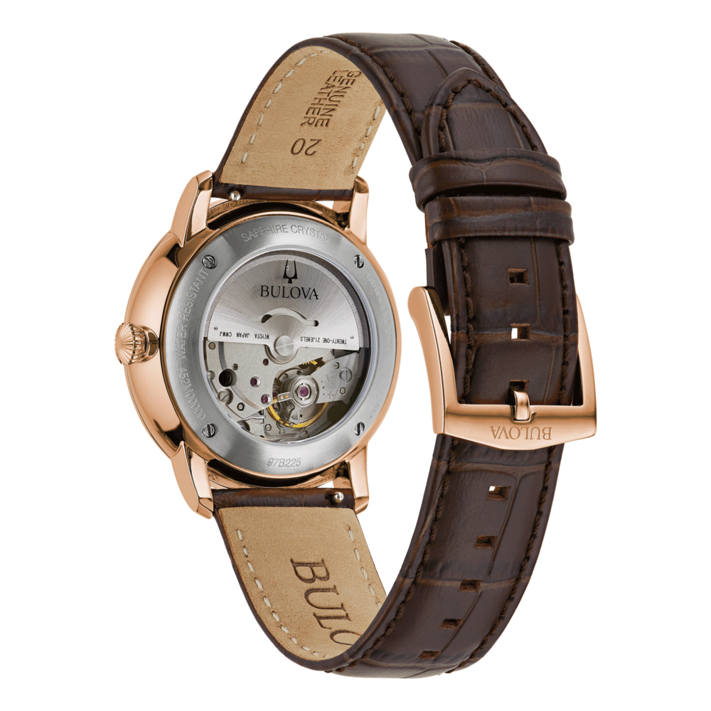Bulova-Uhr mit braunem Lederarmband, Saphirglas, wasserdicht, 21 Juwelen.