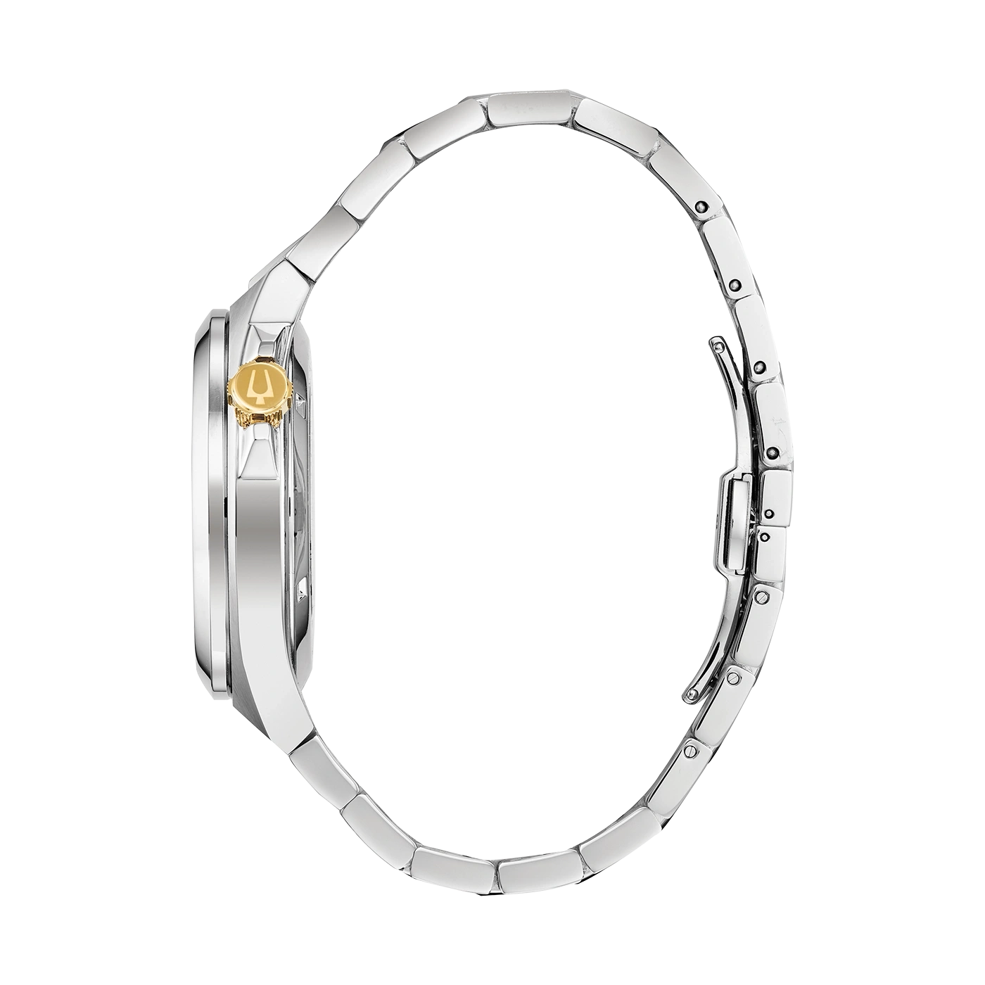 Silberne Uhr mit goldenem Detail und Armband, Seitenansicht, elegant