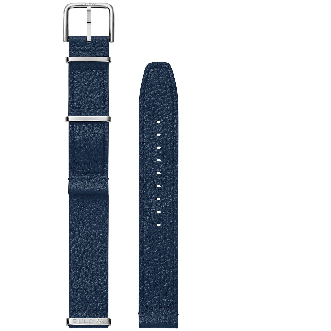 Dunkelblaue Lederarmbanduhr mit silbernen Schnallen und Bulova-Logo.