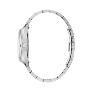 Silberne Uhr mit silbernem Armband, Seitenansicht, elegant und stilvoll.