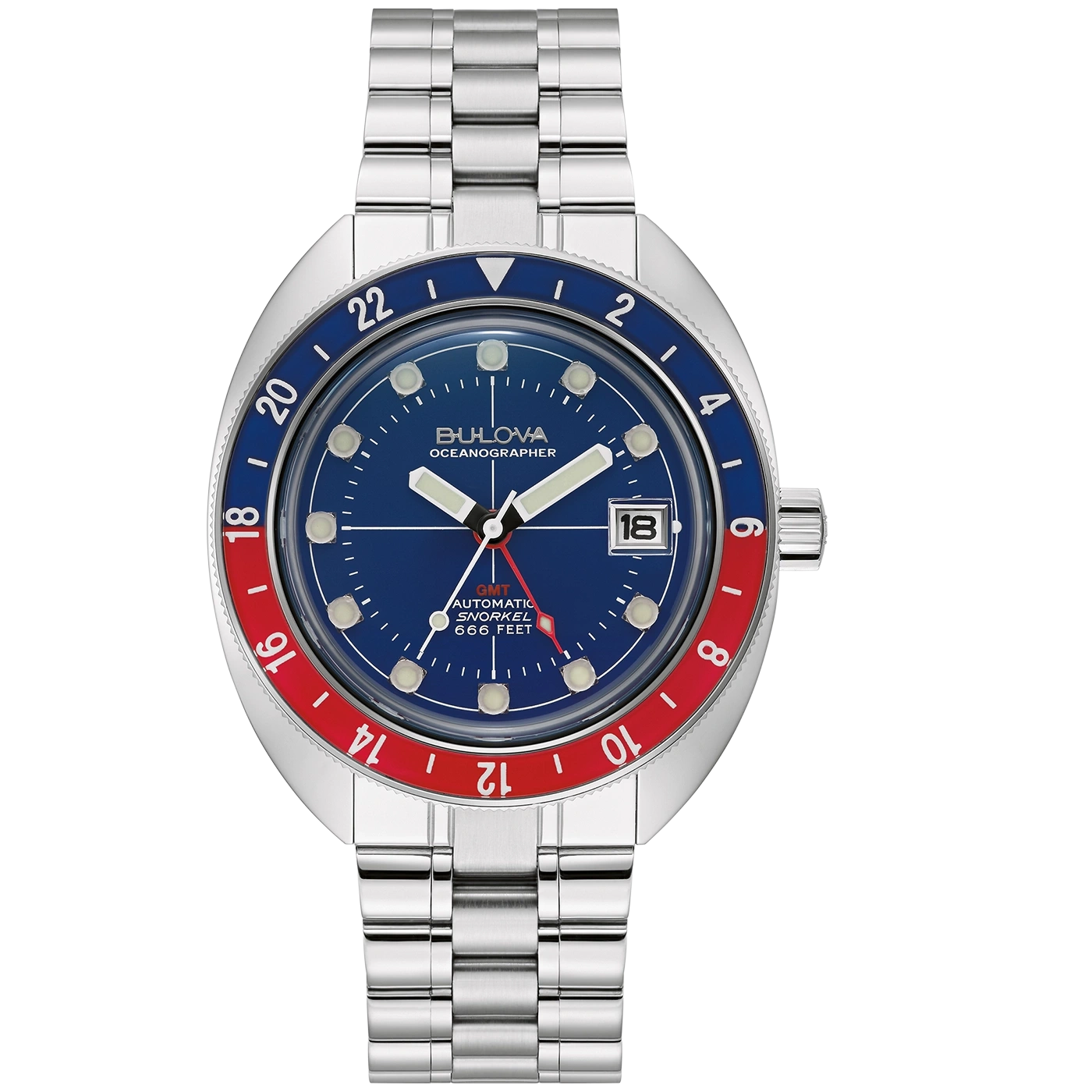 Bulova Oceanographer Uhr, blaues Zifferblatt, GMT, Automatik, 666 Fuß, Edelstahlarmband.