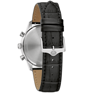 Schwarze Uhr mit Lederarmband und silberner Schnalle, Detailaufnahme