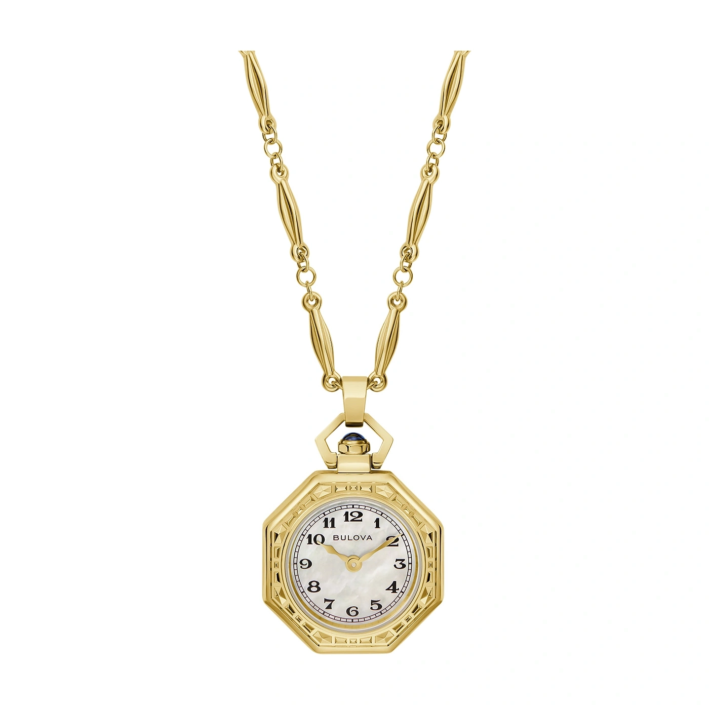 Goldene Halskette mit achteckiger Uhr, Perlmutt-Zifferblatt, Bulova-Logo, Schmuck
