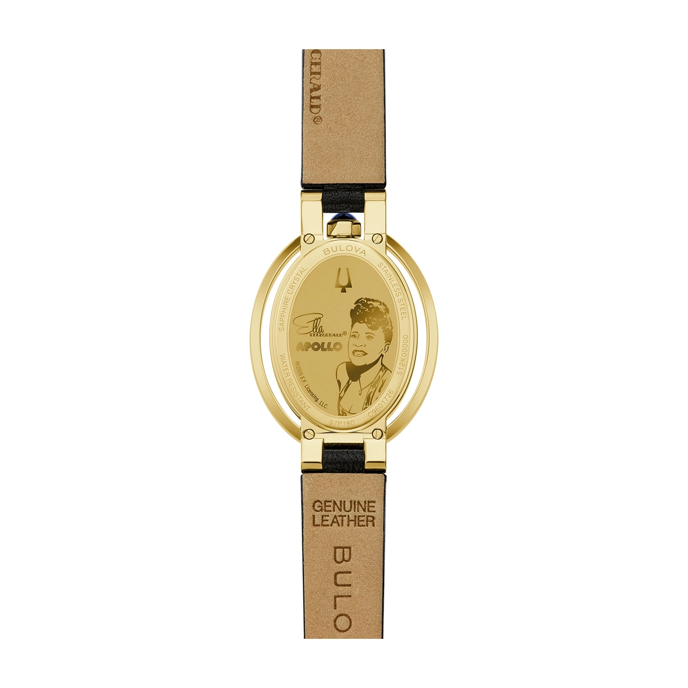 Goldene Uhr mit Lederarmband, Ella Fitzgerald, Apollo, Bulova, Edelstahl.