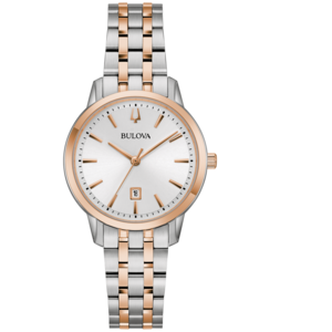 Bulova-Uhr mit silbernem Zifferblatt und roségoldenen Akzenten