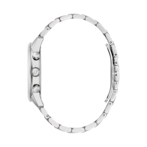 Silberne Uhr mit Armband, Seitenansicht, elegantes Design, Accessoire, Mode