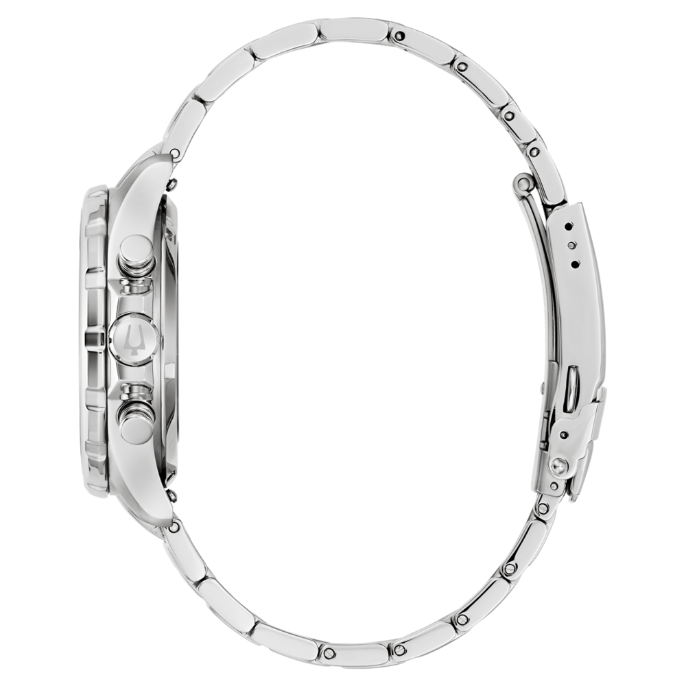 Silberne Uhr mit Armband, Seitenansicht, Detailaufnahme, glänzend, elegant, modern